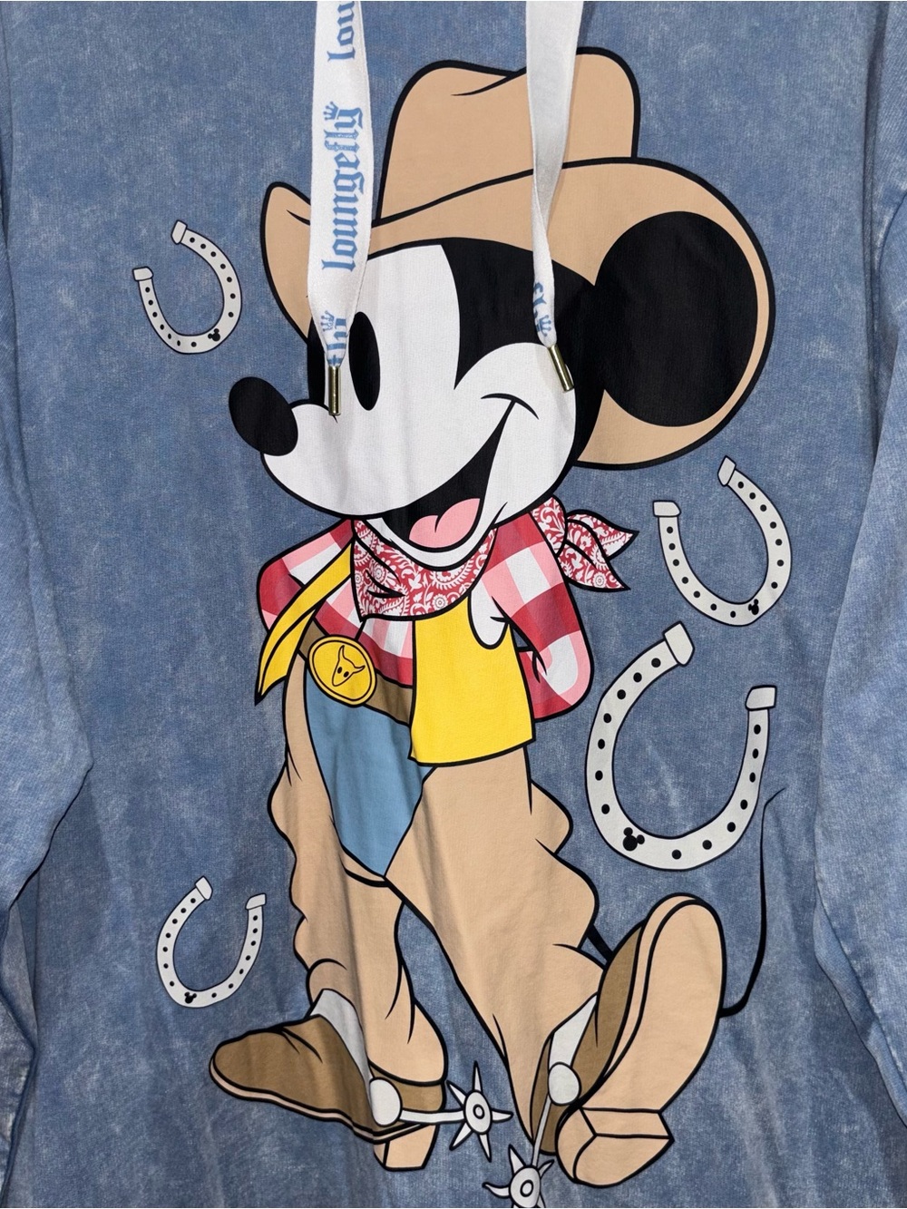 Loungefly Blue Mineral Wash Mickey Cowboy Western Graphic Hoodie Size XL - Picture 2 of 8